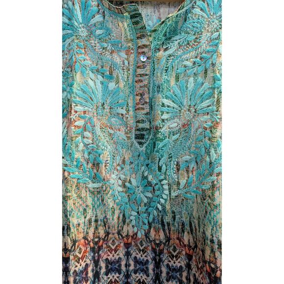 Dolma Silk Hand Embroidered Henley Tunic Teal Turquoise Green Floral Medium O - Picture 9 of 10